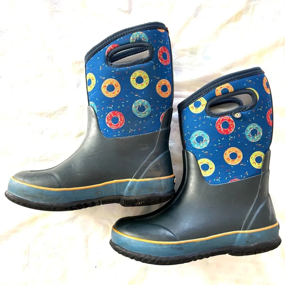 Bogs Blue Multi Donut Waterproof Boots Blue Pink Yellow SZ 4 Youth Good Cond